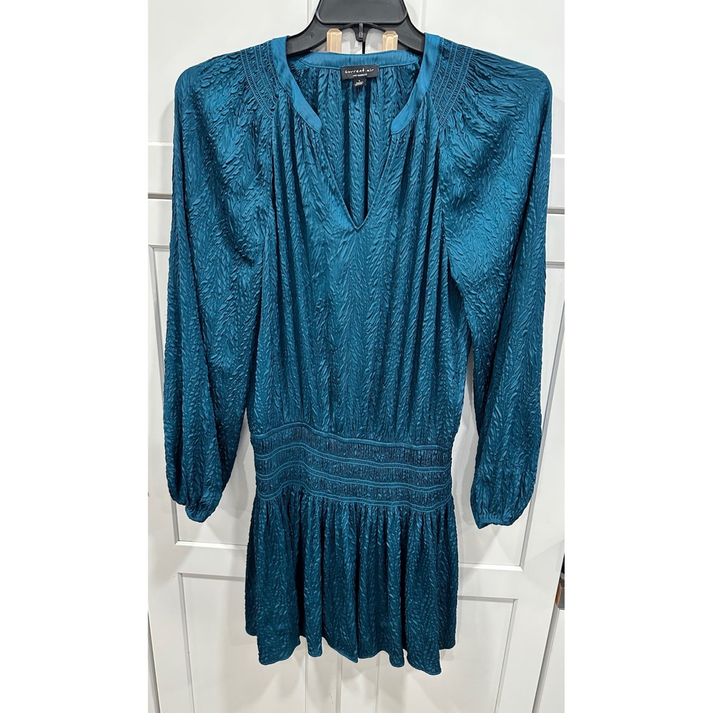 Current Air Teal Textured Smocked Waist Long Sleeve‎ Mini Dress Women's Size L